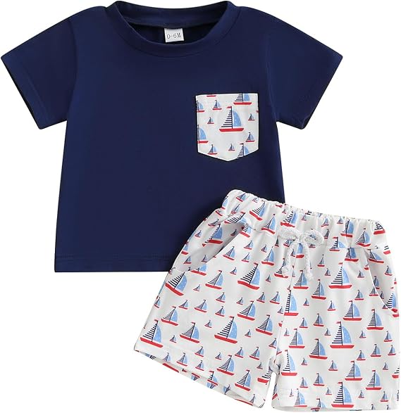 Toddler Baby Boy Summer Outfit Sailboat Print Short Sleeve T-shirt Top and Shorts Set Summer Clothes 2Pcs