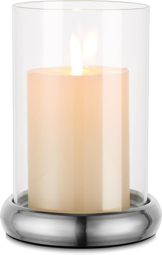 Glass Hurricane Candle Holder: Silver Pillar Candle Holders | with Open-end Glass Cylinder Sleeves, Modern Candle Stand, for Wedding Table Centrepiece, Party, Christmas, Fireplace Decor