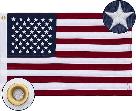 Bradford Cotton American Flag 12x18 inch, Embroidered Small Boat American Flag Cloth US United State Flag with 2 Brass Grommets, Patriotic Vivid Color 1X1.5 ft America Flags for Outside