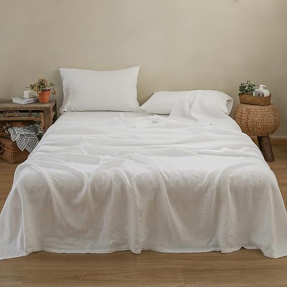 Simple&Opulence Linen Sheet Set with Embroidery Washed and Linen Pillow Shams Basic Style