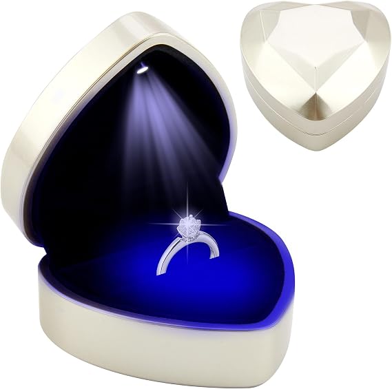 Ring Box With LED Light Heart Shape Jewellery Gift Box Auto Lighted Up ring boxes for jewellery earring Case Diamond Luxury Storage Display Holder for Engagement Proposal Wedding New Year (Gold)