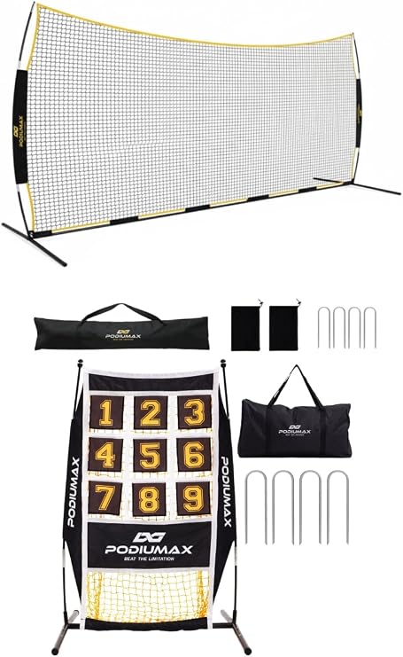 PodiuMax 16x10FT Barricade Backstop Net, Baseball Lacrosse Barrier net with Upgrade Steel Frame +PodiuMax Baseball Pitching Net, 9 Hole Target Net with Strike Zone