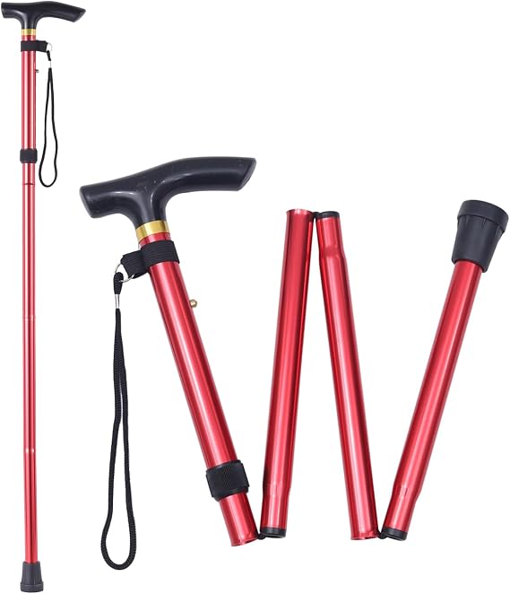 Folding Walking Cane for Seniors, 5-Level Adjustable Height Lightweight Aluminum Walking Stick, Portable Travel Cane with Anti-Slip Tip, Foldable Mobility Aid for Men Women (Red)