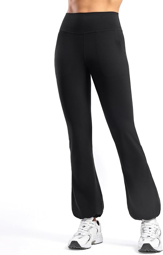 POSHDIVAH Women's Creamluxe Flare Leggings High Waisted Yoga Workout Lounge Pants Cuffed Hem Sweatpants with Pockets