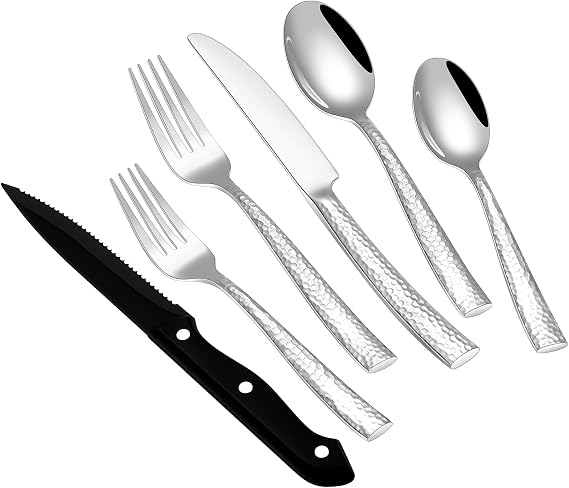 Stapava 48 Pcs Hammered Silverware Set for 8, Stainless Steel Flatware Set with Steak Knives, Mirror Cutlery Include Forks Spoons and Knives Set, Heavy Duty Utensils for Home Hotel, Dishwasher Safe