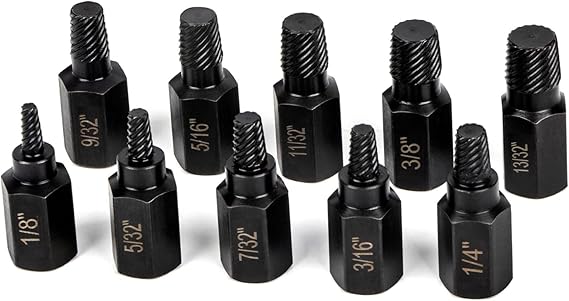 Screw Extractor Set, Hex Head Easy Out Set 10 Pieces (1/8-13/32) | Multi-Spline Ez Out Stripped Extractor, CR-MO, Stripped Fastener Tool