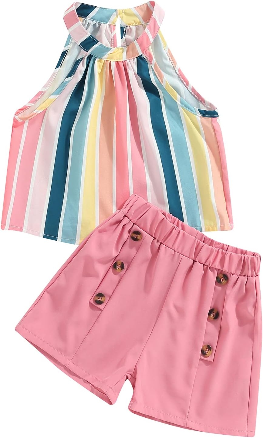 Baby Girl Summer Shorts Outfits Sleeveless Striped Print Halter Tank Tops Button Shorts Clothes Set