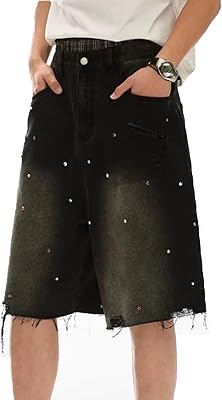 FantasyGears Frayed Hem Denim Jorts Rhinestone Application Summer Baggy Denim Shorts Wide Leg Loose Fit Wash Crystal Jeans