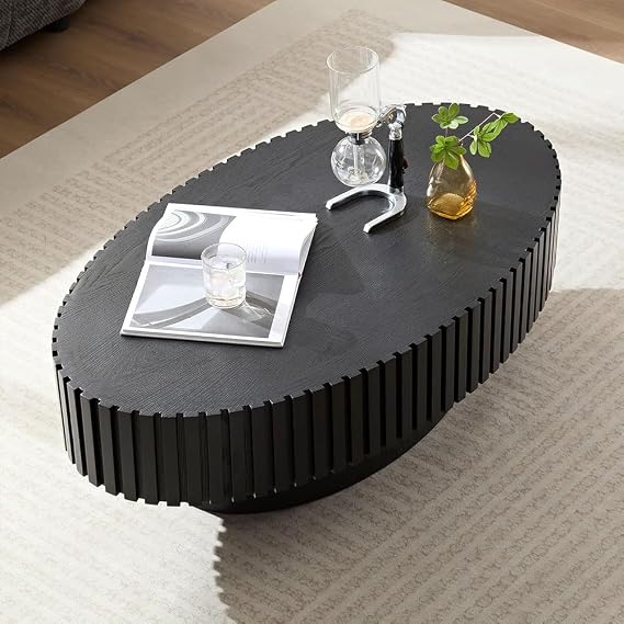 Oval Coffee Table for Living Room Fluted Coffee Table with Pedestal 43.7" Modern Wood Olive-Shaped Center Table for Apartment Easy Assembly Black