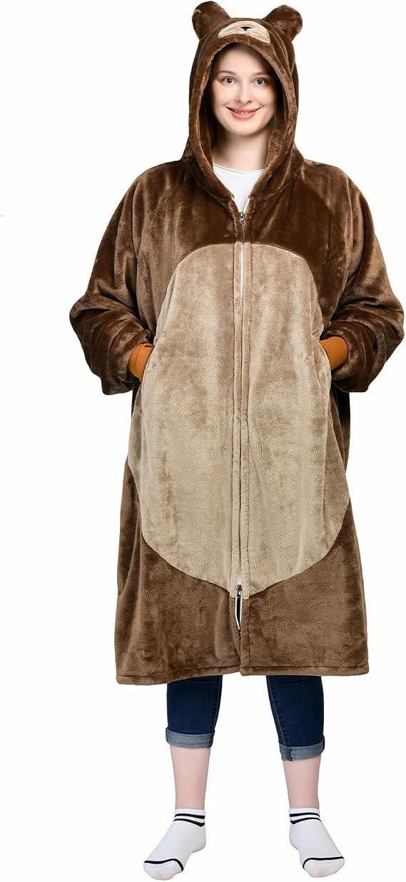Waitu Bear Wearable Blanket Hoodie Funny Halloween Costumes Birthday Gifts for Women Men Boys Girls, Bear Hooded Blanket Flannel Zipper Hoodie Blanket Cute Gifts for Boyfriend (Adult, Brown)