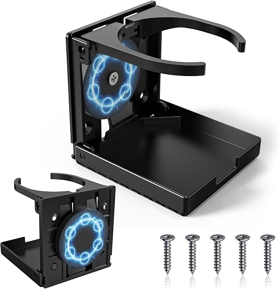 Folding Cup Holder with Magnet and Screws for Cars, RVs and Boats | Adjustable holder fits most mugs and bottles and supports magnetic or screw mounting for cars, trucks, RVs and boats.