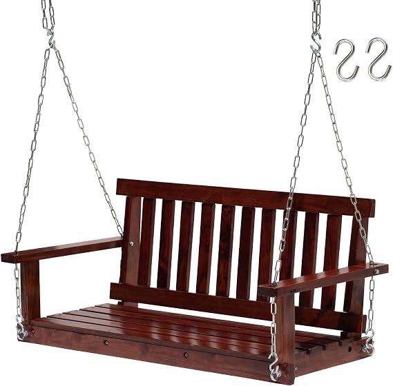 2-Person Porch Swing, Porch Swings Outdoor with Heavy Duty 800lb Weight Capacity, Bench Swings for Outside, Hanging Porch Swing with Hanging Chains, Wooden Porch Swing with Fixing Screw, Brown