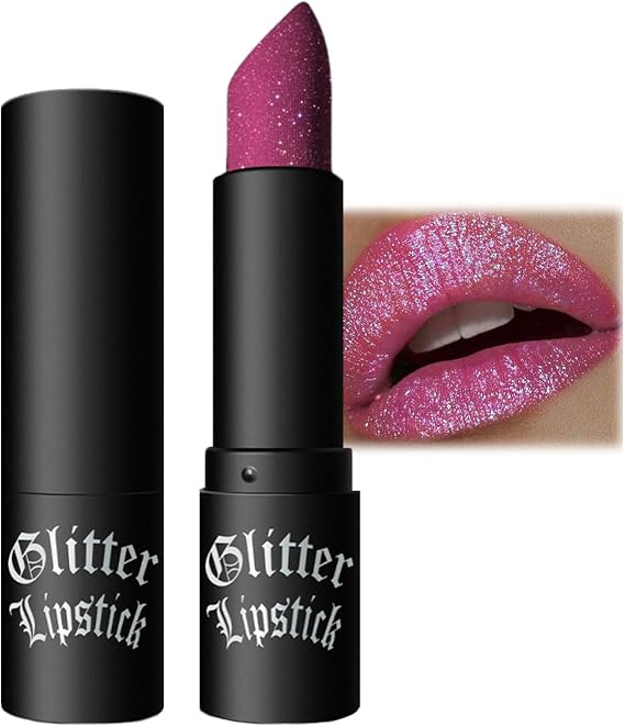 Rose Pink Glitter Lipstick, Highly Pigmented Shimmering Diamond Sparkly Red Lip Stick, Smooth Non-Sticky Longlasting Full-Coverage Lip Colour, Lip Makeup Gift for Women