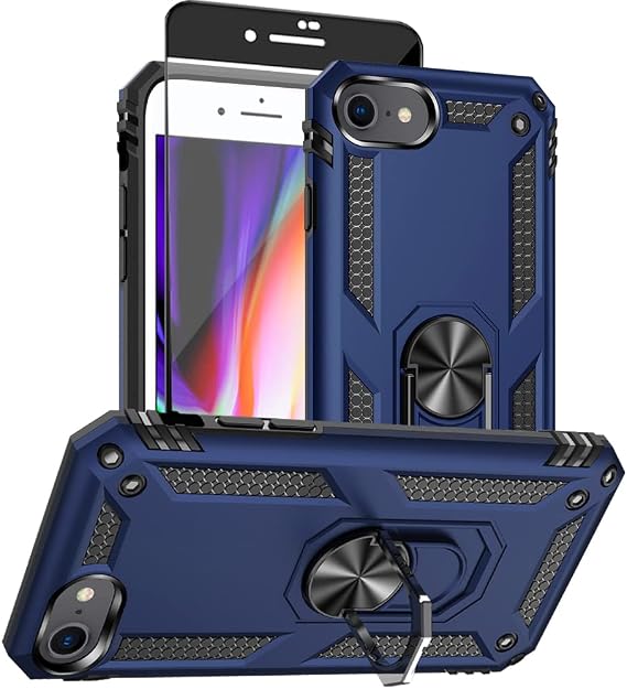 for iPhone SE Case 2022/2020/3rd/2rd: iPhone 8/7 case with HD Screen Protector, [Military Grade 16ft. Drop Tested] Ring Shockproof Protective Blue