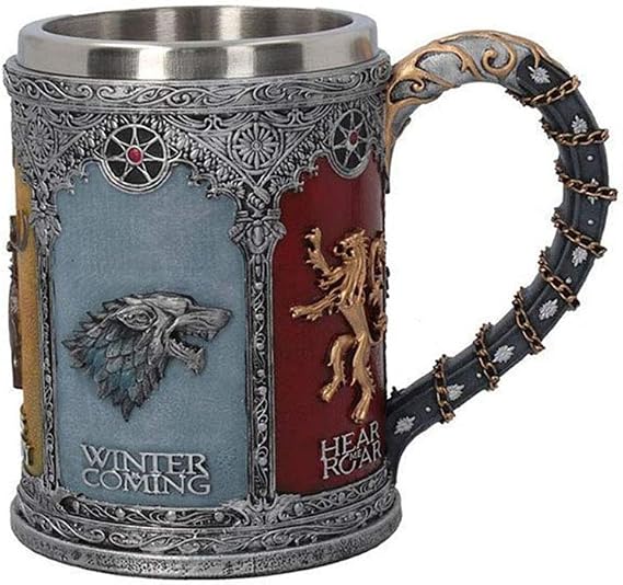 Personalise Engraved Style Beer Mug Horn Game of Thrones Mug,Stark & Tully & Targaryen & Lannister & Baratheon Stainless Steel Resin 3D Coffee Beer Mug Drinkware Cup