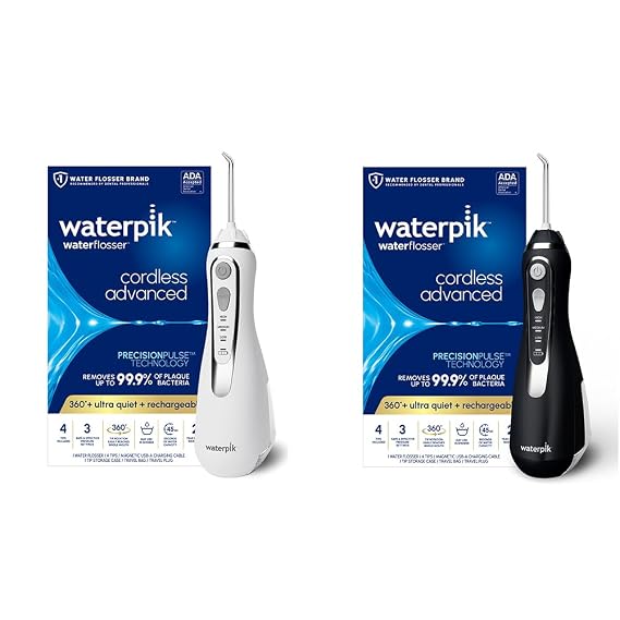 Waterpik Bundle White Cordless Advanced 2.0 Water Flosser WP-580 Black Cordless Advanced 2.0 WP-582 Water Flosser, Rechargeable, Portable, Waterproof Oral Irrigator for Travel & Home