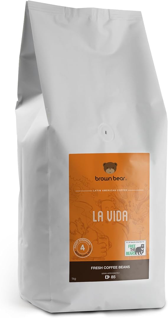 Medium Dark Roast Crema Strong Espresso Coffee Beans 1kg - Brown Bear La Vida Blend - For All Coffee Machines - Strength 4 - Donation to Free The Bears