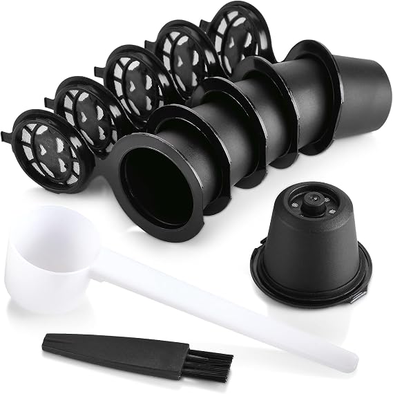 Refillable Coffee Capsules for Nespresso, Pack of 6 Refillable Capsules Reusable Capsule Coffee Capsules Refillable Capsule for Nespresso with Coffee Spoon with Brush