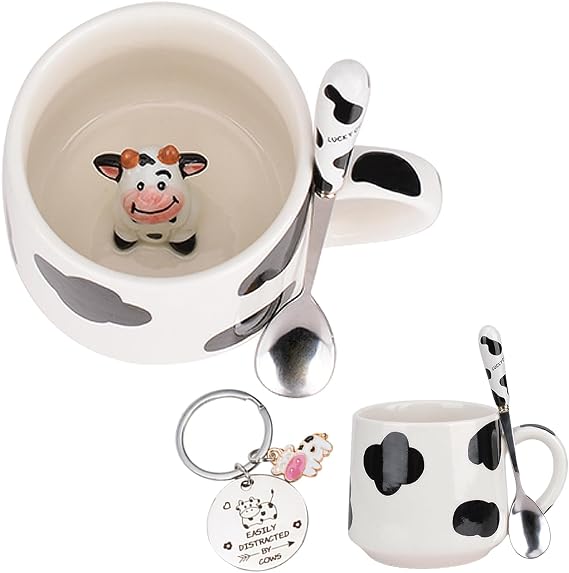 Cute Animal Coffee Mug with Lid and Spoon, Cute Cow Print Stuff Gifts, Ceramic Tea Cup, Kawaii Cup, Cartoon Coffee Cup gift for Women Office and Personal Birthday Christmas 480ml (3D Cow)