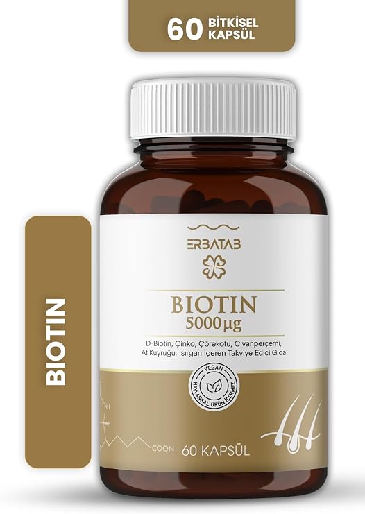 ERBATAB Biotin Saç Cilt Tırnak Vitamini - Çinko, Çörekotu, At Kuyruğu, Civanperçemi & Isırgan Ekstresi - 60 Bitkisel Vegan Kapsül - Helal, Glutensiz, Sığır Jelatinsiz