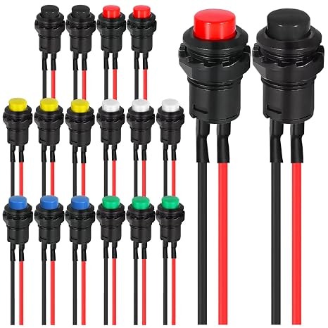 12 mm Mini Latching Push Button on Off Switch AC 250 V/1.5 A 125 V/3 A Micro Round Push Button Switch 2 Pin 12 V with Pre-Wired Wires for Table Lamp MKBKLLJY Pack of 18