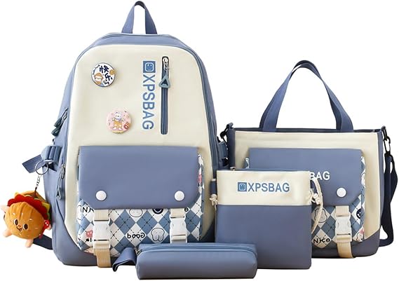 Cute Backpack 4Pcs Set for Student with Kawaii Accessories - School Bags for Teen Girls Bookbag Back to School Supplies, D Blue