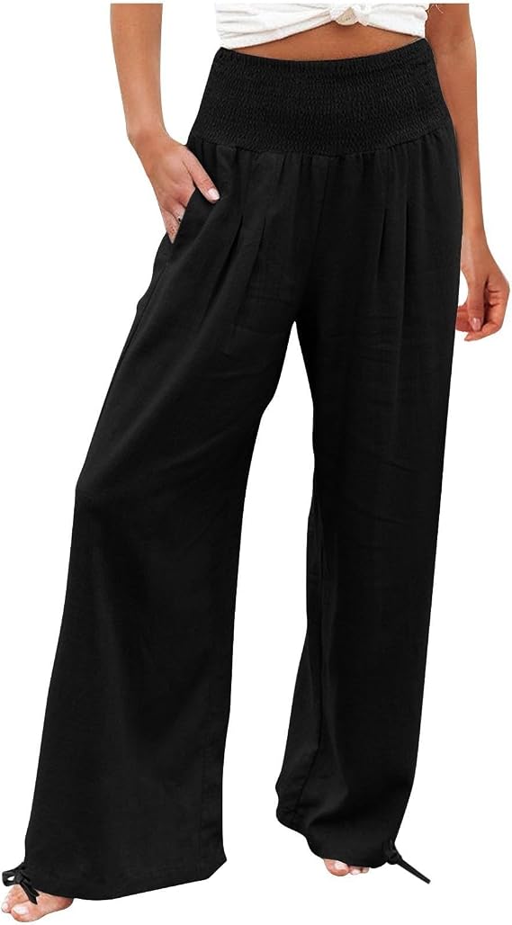 LRMQS Linen Wide Leg Pants Women Summer Casual Drawstring Elastic High Waist Trousers Resort Wear Beach Trendy Palazzo Pant