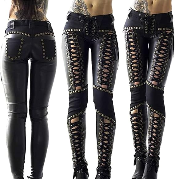 Bandage Goth Y2K Sexy Tight Trousers Women Gothic Faux Leather Hollow Out PU Lady Punk Rock Skinny Pant