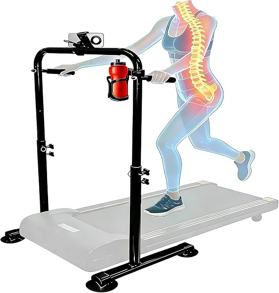 Ergonomic 24.4 Inch Wide Handle Bar for Walking Pad Only,with Phone and Cup, Holder Adjustable Handrail Height from 38.58 to 47.24 in,Saarland Steel, Back Relief&Posture Support (Black)
