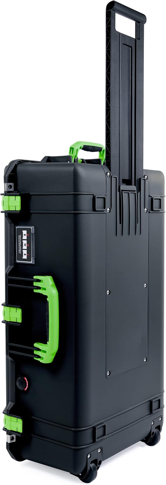 Black Pelican 1615 case with lime green handles and latches. No Foam. With Wheels.