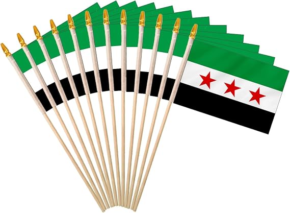 Free Republic of Syria Syrian Handheld Stick Flag 4x6In 12 Pack Small Mini Green Syrian National Revolution Flag With Wooden Stick (3 Stars, 4x6IN)