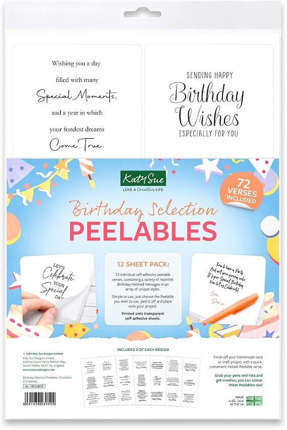 Katy Sue Birthday Selection Peelables Stickers for Birthday Card Making. 72 Peelable Verses/Peel Offs for Card Making Supplies from Katy Sue Designs. Stickers 99 x 93 millimetres or 4 x 3.7 inches