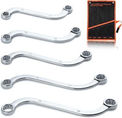 SPEEDWOX 5Pcs Metric S-Shaped Wrench Set With Double 12-Point Box Ends With Roll-Up Pouch, 10mm To 19mm, S-Style Spanner Double-Headed Wrench For Vehicle Repairing Maintaining Machinery And Household