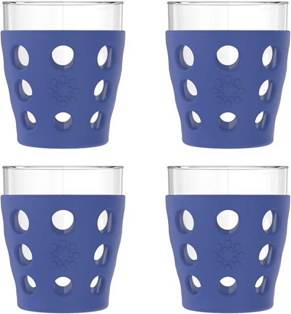 Lifefactory 10oz Beverage Glasses, Silicone Sleeve, 4 Pk, Cobalt Blue
