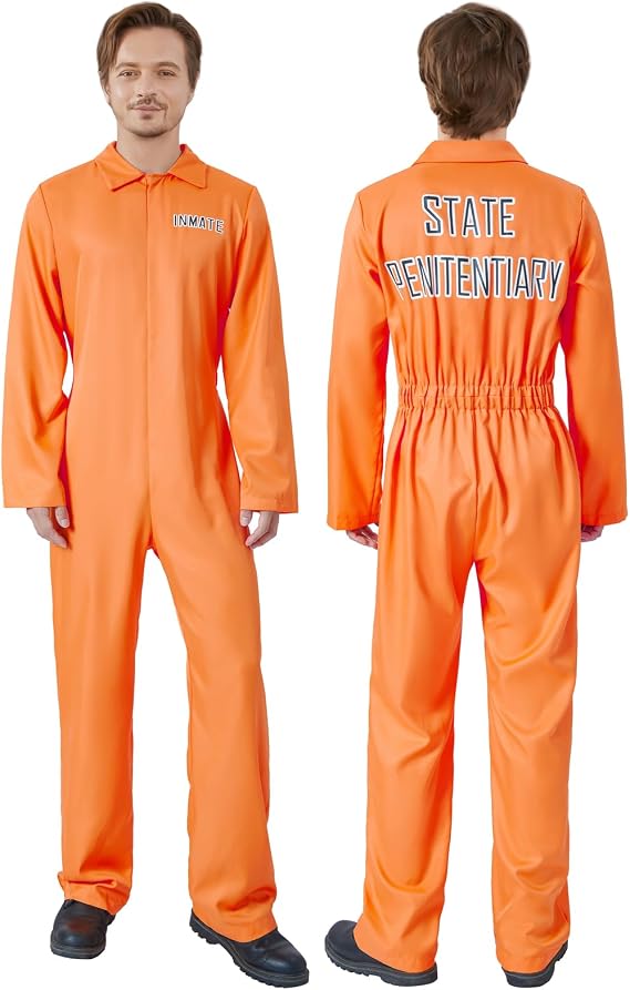 Women Prisoner Costume Long Sleeve Half Zip Orange Full Length Jumpsuit Halloween Cosplay Party Outfits