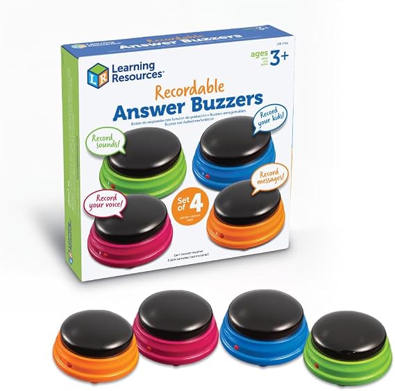 Learning Resources Recordable Answer Buzzers, Set of 4 | Classroom Must Haves, Teacher Supplies, Sound Effect Button, Family Game Shows For Trivia, Participation Tools