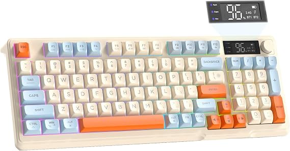 ZIYOU LANG M96 Wireless Gaming Silent Creamy 94Keys ANSI Membrane Keyboard | LCD Display Screen Media Knob Number Pad Dual Mode Bluetooth/2.4Ghz Rainbow Backlight Ball Shape PBT Keycap for PC Win/Mac