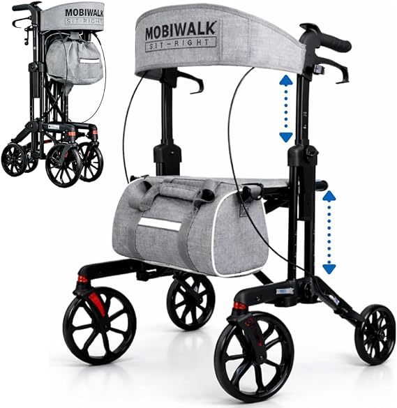 MobiWalk SIT-Right Rollator Walker with Adjustable SEAT Height & Handles | Lightweight Foldable Mobility Aid | 8" Wheels with Brakes & Parking Lock | Wide Padded Backrest + Storage Bag