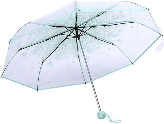 plplaaoo Folding Umbrella, Rain Umbrella, Transparent Folding Umbrella,Fashionable Princess Umbrella Cherry Blossom Four Colors for Girls Boys Students Women (green)