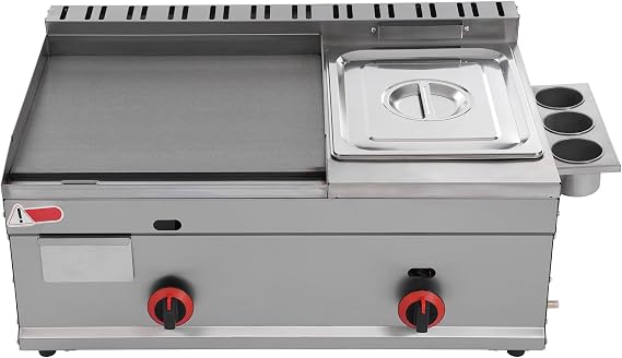 Commercial Gas Grills Griddle Flat Top with Deep Fryer Stainless Steel Multi-function Countertop BBQ Hot Plate Grill and Deep Fryer with Basket and Lid for Commercial & Home Use