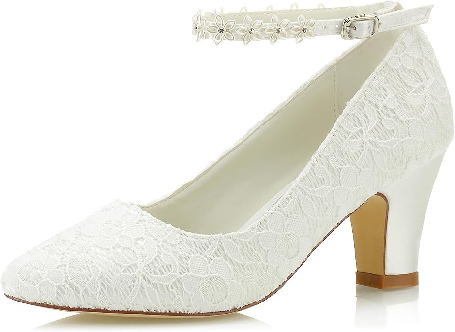 JIAJIA 62311A Women's Bridal Shoes Closed Toe 2.7" Chunky Heel Lace Satin Pumps Satin Flower Wedding Shoes
