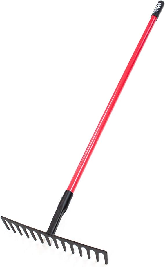 Bully Tools 14-Tine Level Head Rake | 60" Fiberglass Long Handle 16" Wide Head Garden Rake Heavy Duty Metal Tool for Soil Leveling, Spreading Mulch Gravel and Thatch | 100% Made in USA | Heavy Duty Metal Garden Rake for Soil Leveling, Spreading Mulch, Gravel and Thatch, 100% Made in USA