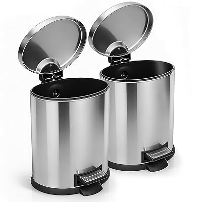 Bathroom Trash Can with Lid - 2PC 1.3 Gallon5L Oval Small Trash Can with Soft-Close Lid, Foot Pedal, Brushed Stainless Steel, Removable Liner, Garbage can for Kitchen, Office, Home Silver