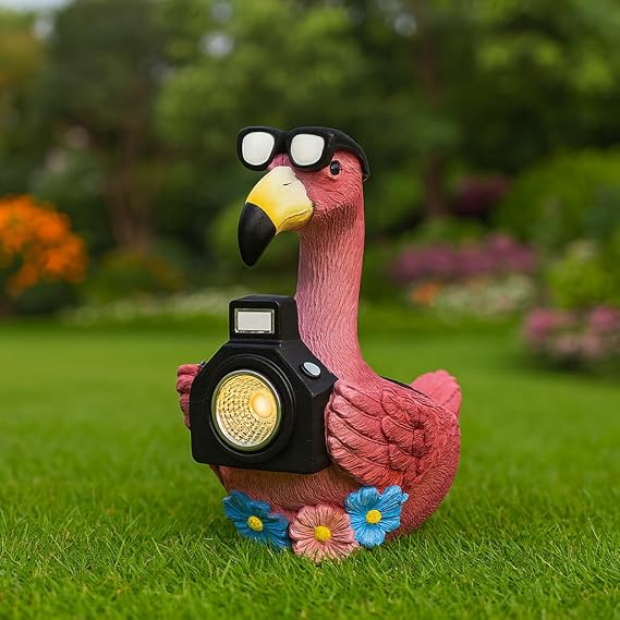GoGnome Solar Flamingo Garden Statue with Camera Light 5.5in Tall Solar Powered Outdoor Figurine for Yard, Patio, Balcony Funny Garden Decor, Gift for Women (Flamingo)