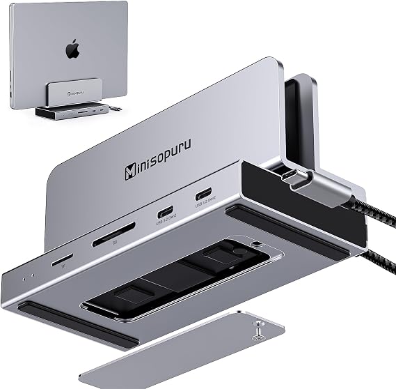 Minisopuru MacBook Docking Station, USB C Dock Support M.2 NVMe SSD(Not Included), 4K@60Hz HDMI, USB 3.2 10Gbps, RJ45,100W PD, SD/TF, Vertical Docking Station Compatible with MacBook Pro/Air, Windows