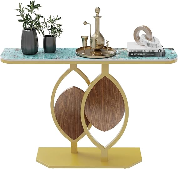 Wisfor Sintered Stone Console Table: Green Entryway Table with Golden Frame - Luxurious Narrow Sofa Side Table - Long Table for Hallway Corridor, 47.2x11.8x30.7 inch