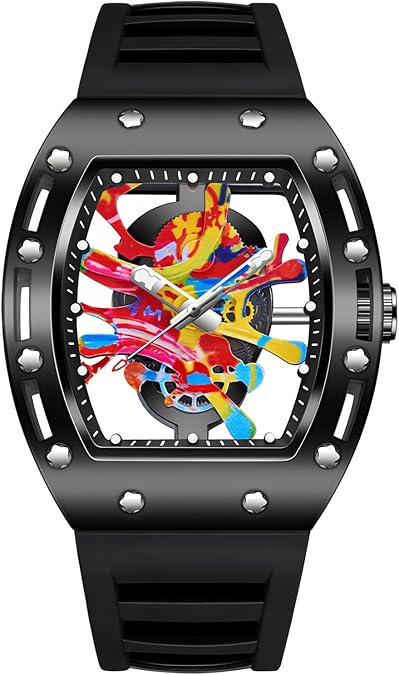 MASTOP Mens Luxury Tonneau Fashion Transparent Hallow Bottom BuPunk Graffiti Art Dial Hip-hop Unique Sports Wrist Watch Japanese Movement Luminous Design with Silicone Band