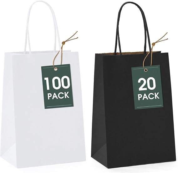 GSSUSA 5.25x3.75x8 Paper Gift Bags Black 20PCS & Paper Gift Bags White 100PCS