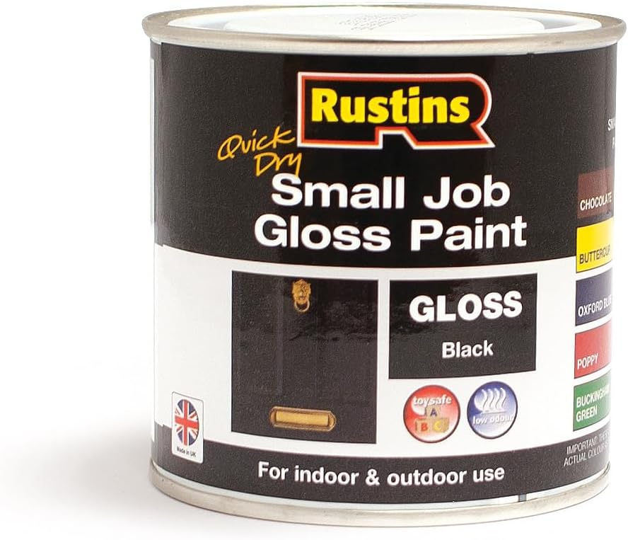 RUSTINS Black Gloss Paint 250ml- Fast-Drying Water-Based Coating for Wood and Metal; Durable Hard-Wearing Finish with Smooth Gloss Shine; Low Odour Sustainable Solution for Home and Trade Use