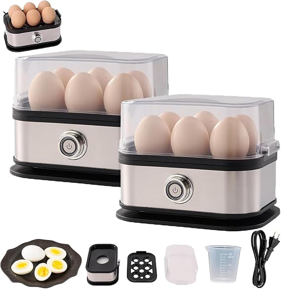 Smart Egg Cooker with Auto Shut, Ultimate Stainless Steel Egg Cooker, Electric Rapid Egg Boiler for 6 Eggs, for Hard/Soft/Medium Boiled, Poached, Scrambled (2pcs)